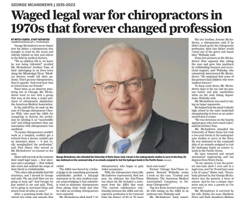 George McAndrews waged legal war on behalf of chiropractors forever changing the profession, dead at 87