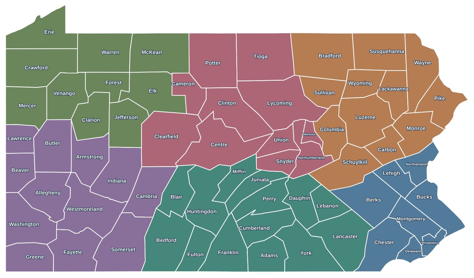 Map of Pennsylvania's 67 counties, color-coded by PCA region