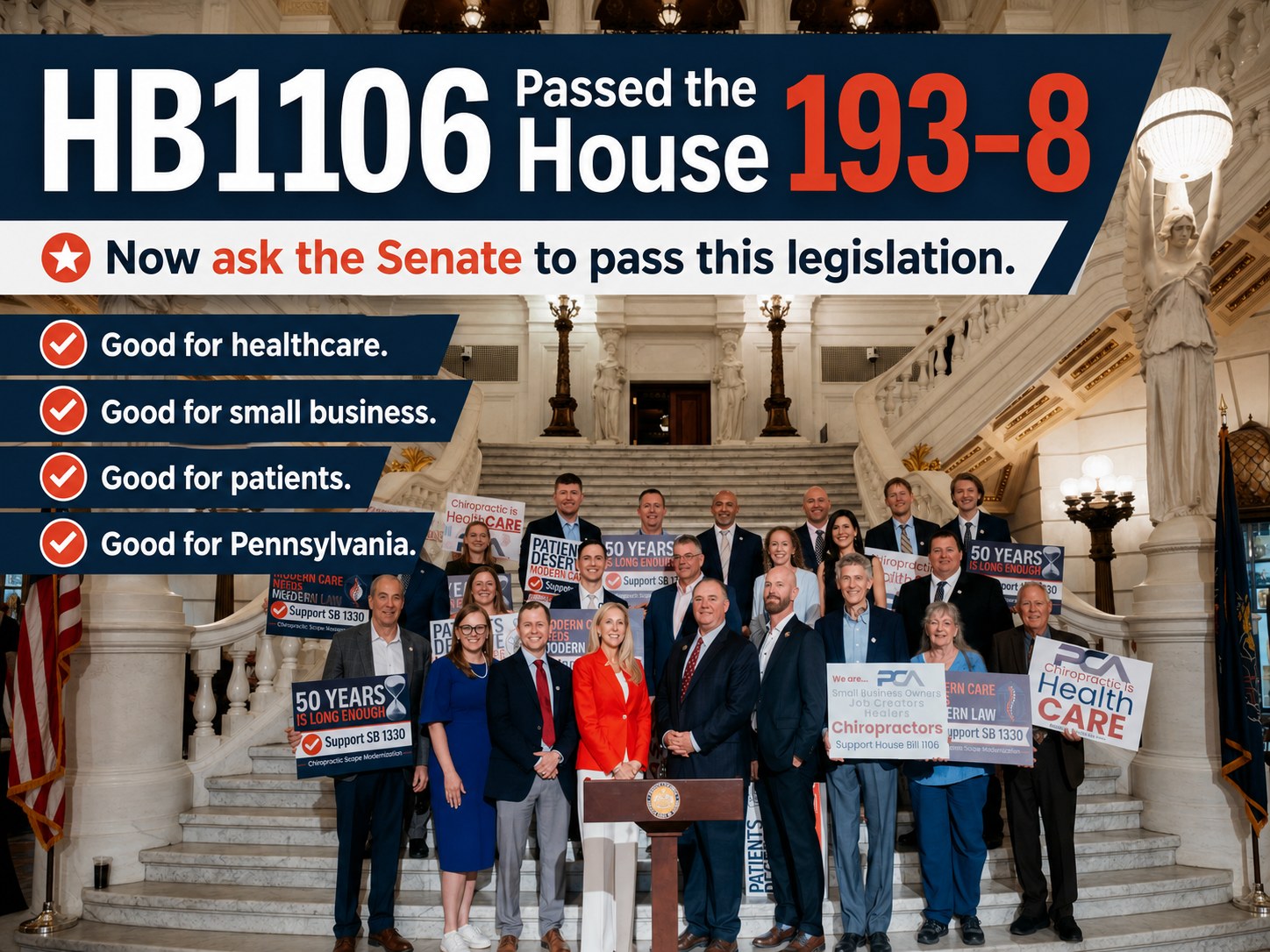 PCA members and legislators on the Capitol rotunda steps for lobby day, holding signs supporting HB 1106 and SB 1330