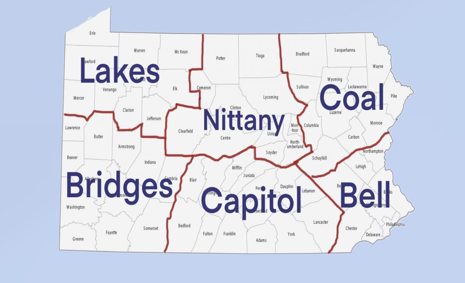 Map of Pennsylvania showing PCA's six regions: Lakes in the northwest, Nittany in the north-central, Coal in the northeast, Bridges in the southwest, Capitol in the south-central, and Bell in the southeast